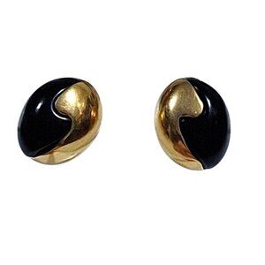 Vintage Trifari Gold Tone And Black Acrylic Oval Pierced Earrings .75"